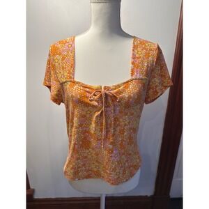 rue21 Womens XL Orange Yellow Floral Retro 70s Daisy Lace Up Square Neck Top